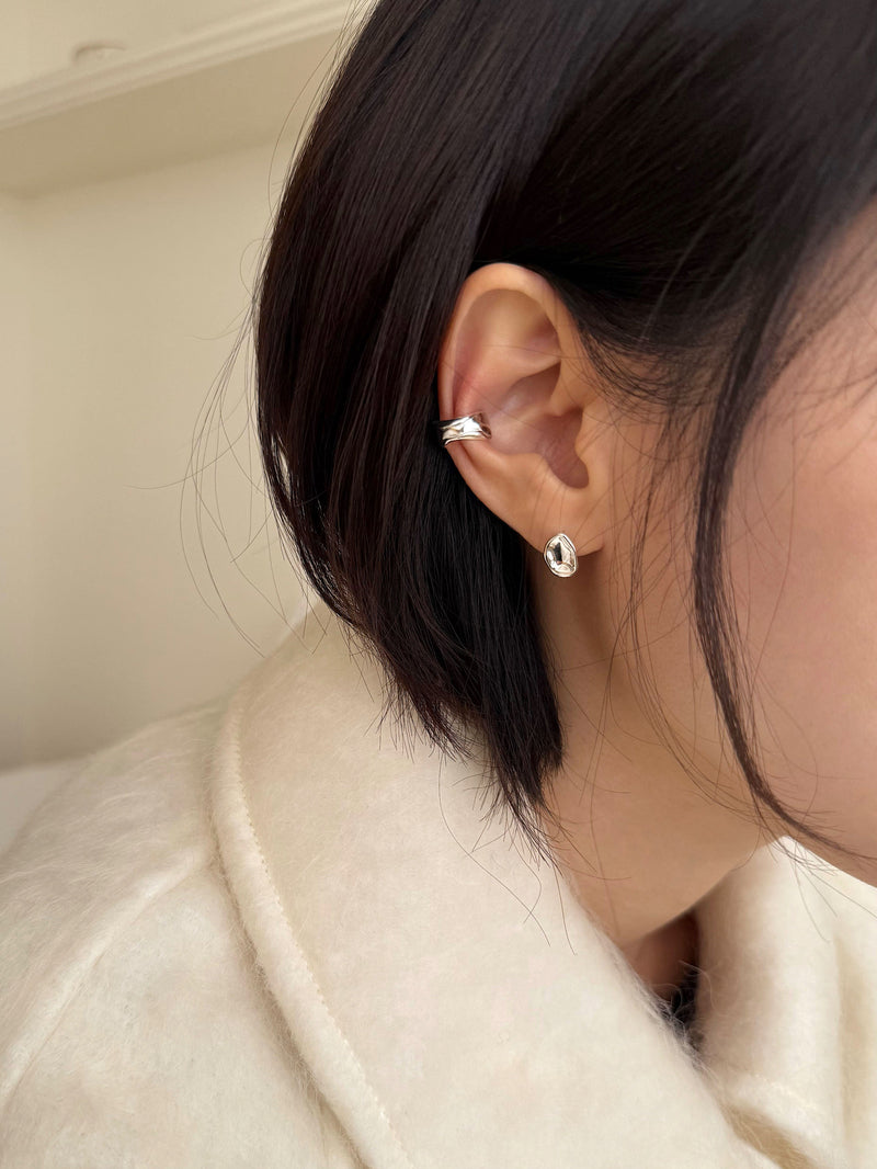 [925 Silver] Rough Wave Line One-Touch Ring Earrings for Both Ears 