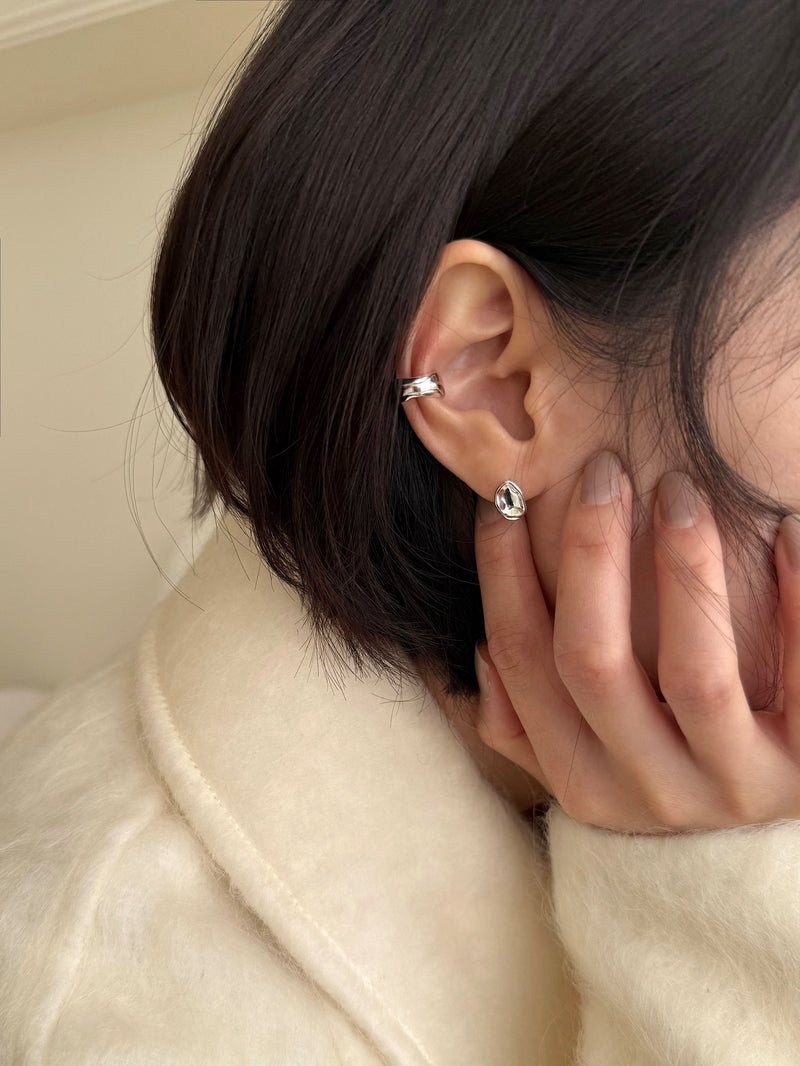 [925 Silver] Rough Wave Line One-Touch Ring Earrings for Both Ears 