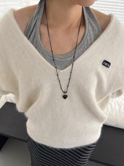 スター＆ハート ブラックストリング ロングネックレス（長さ調節可能）【サージカルステンレス】