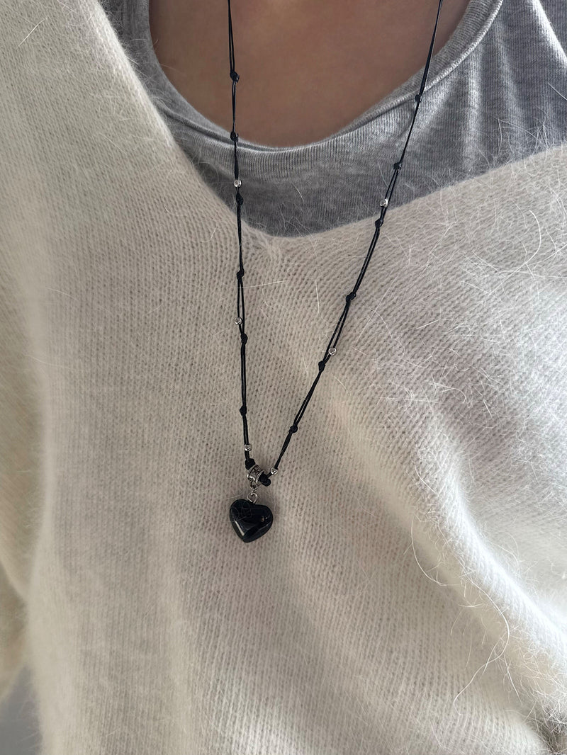 スター＆ハート ブラックストリング ロングネックレス（長さ調節可能）【サージカルステンレス】