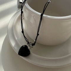 スター＆ハート ブラックストリング ロングネックレス（長さ調節可能）【サージカルステンレス】