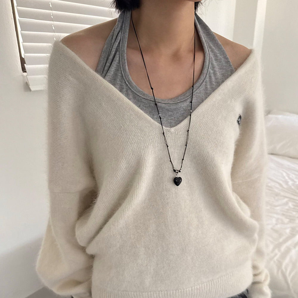 スター＆ハート ブラックストリング ロングネックレス（長さ調節可能）【サージカルステンレス】