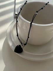 スター＆ハート ブラックストリング ロングネックレス（長さ調節可能）【サージカルステンレス】