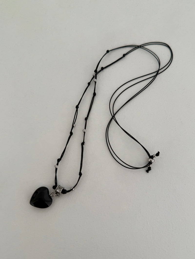 スター＆ハート ブラックストリング ロングネックレス（長さ調節可能）【サージカルステンレス】