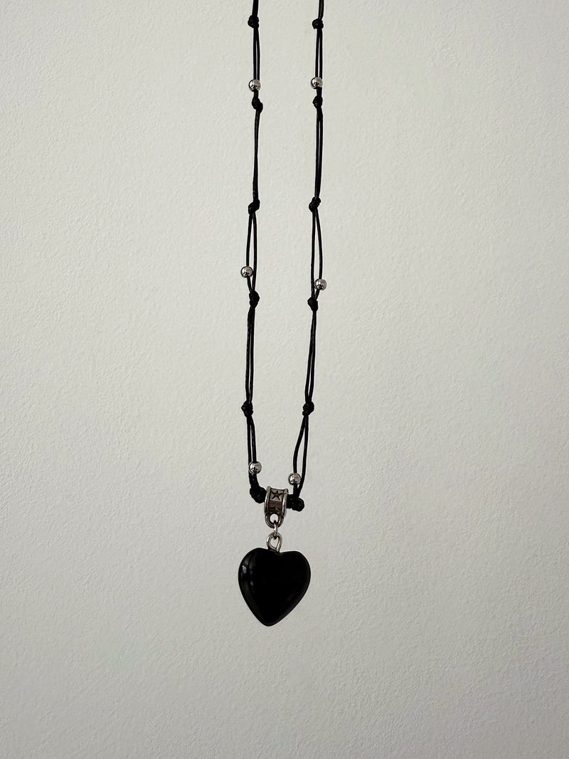 スター＆ハート ブラックストリング ロングネックレス（長さ調節可能）【サージカルステンレス】