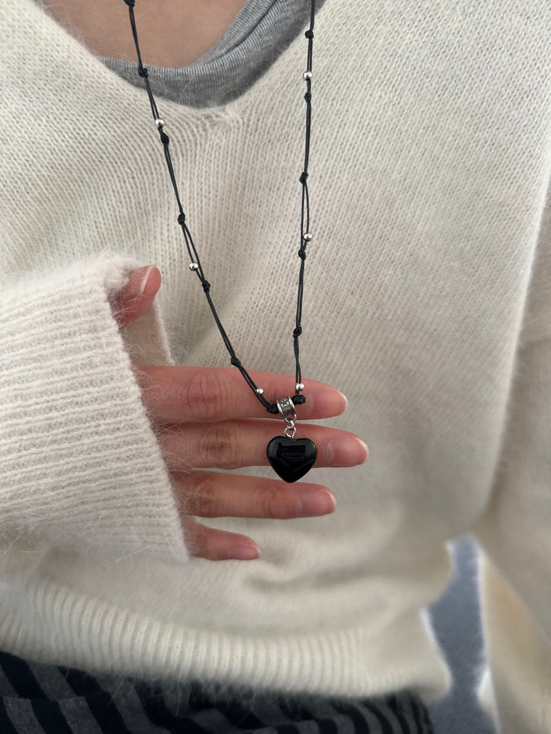スター＆ハート ブラックストリング ロングネックレス（長さ調節可能）【サージカルステンレス】