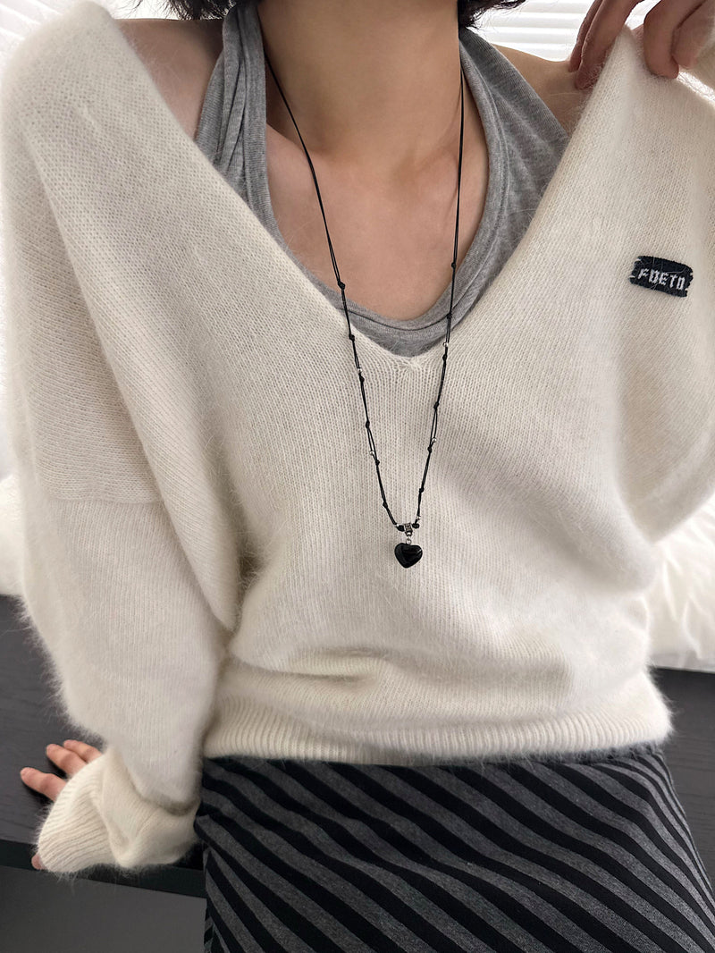 スター＆ハート ブラックストリング ロングネックレス（長さ調節可能）【サージカルステンレス】
