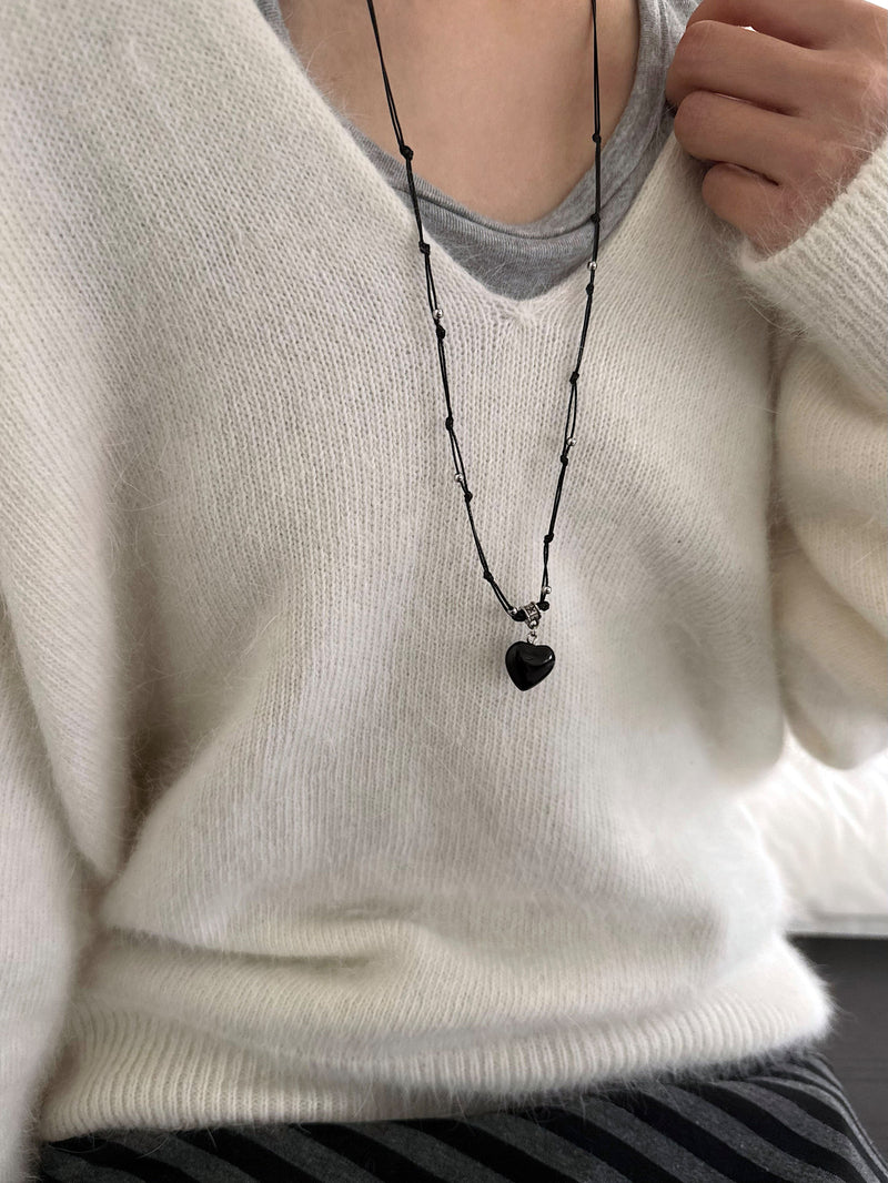 スター＆ハート ブラックストリング ロングネックレス（長さ調節可能）【サージカルステンレス】