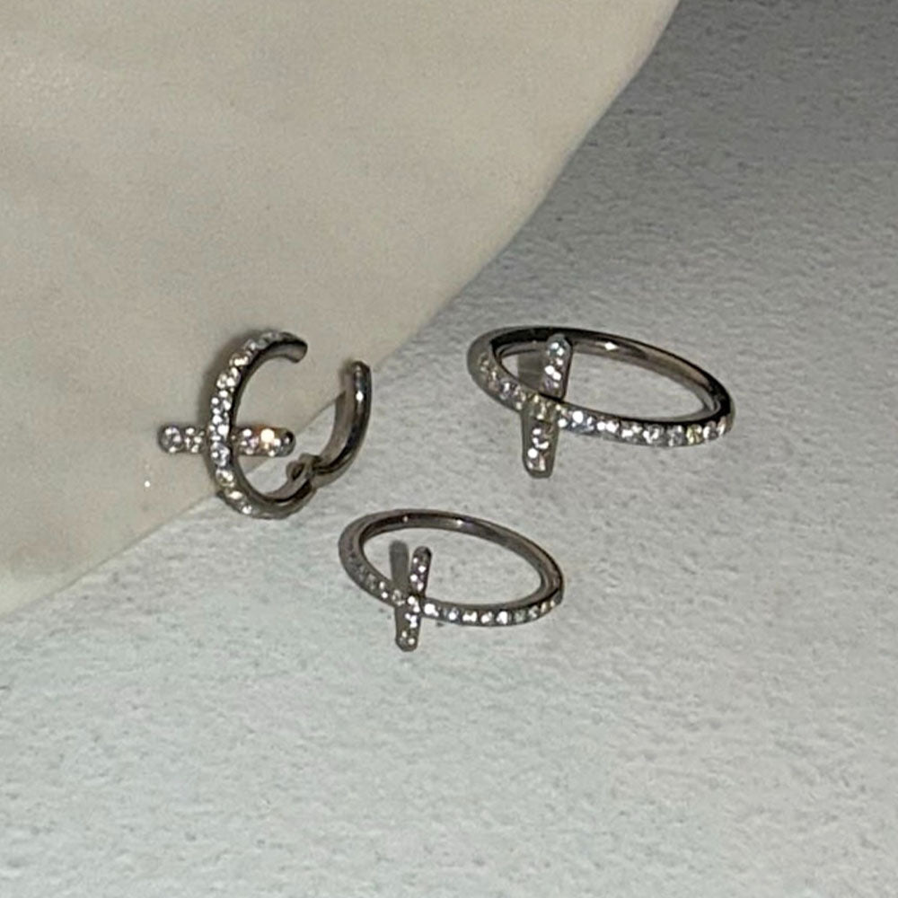 [チタン] キュービック クロス セグメントリング ピアス (2Type / 3Size) 太さ0.8mm / 1.2mm