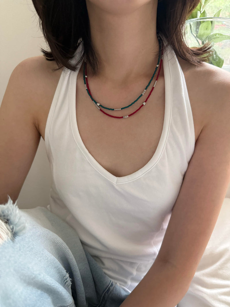 ボールミックス スリムカラービーズネックレス（3Color）サージカルステンレス