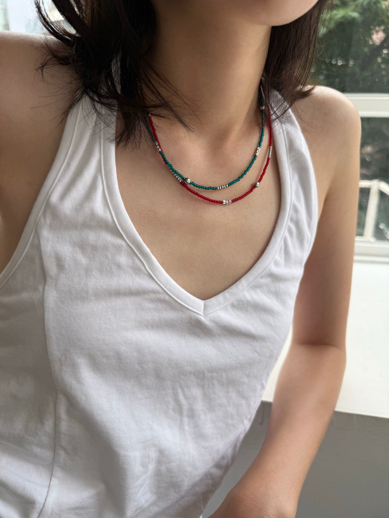 ボールミックス スリムカラービーズネックレス（3Color）サージカルステンレス
