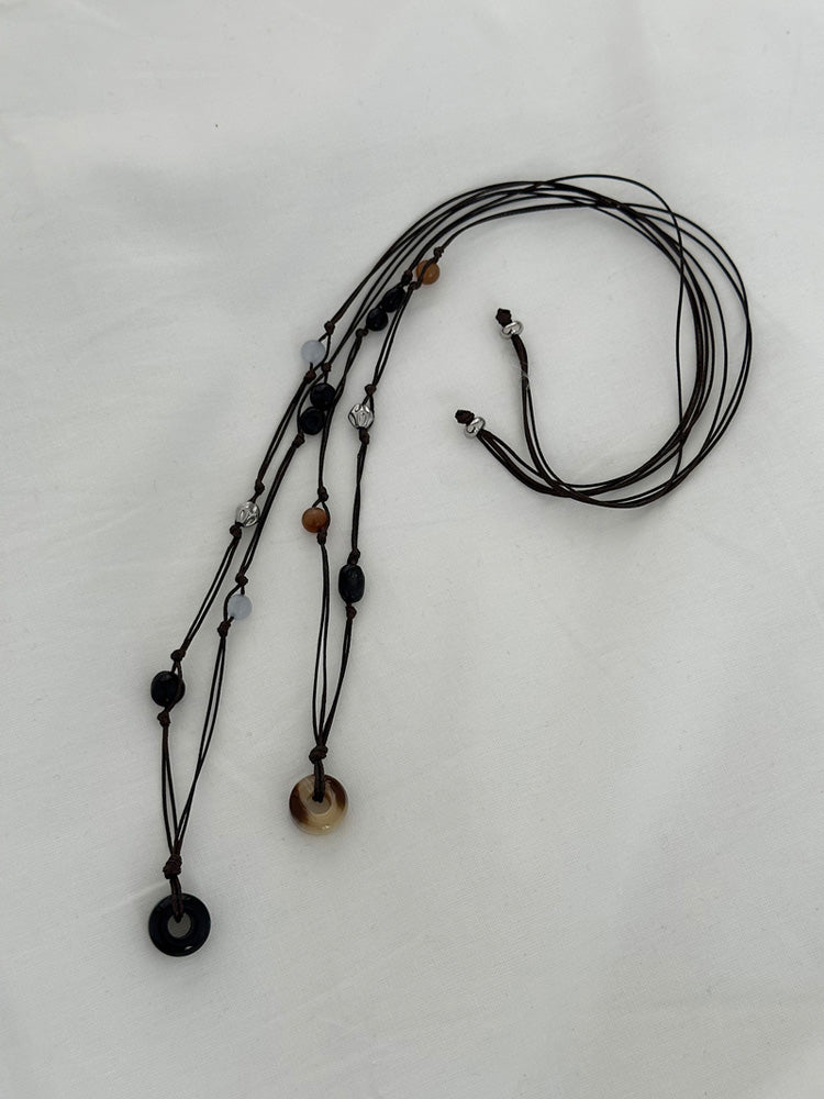 [Surgical] Brown String Vintage Gemstone Long Necklace (2 colors/adjustable length)