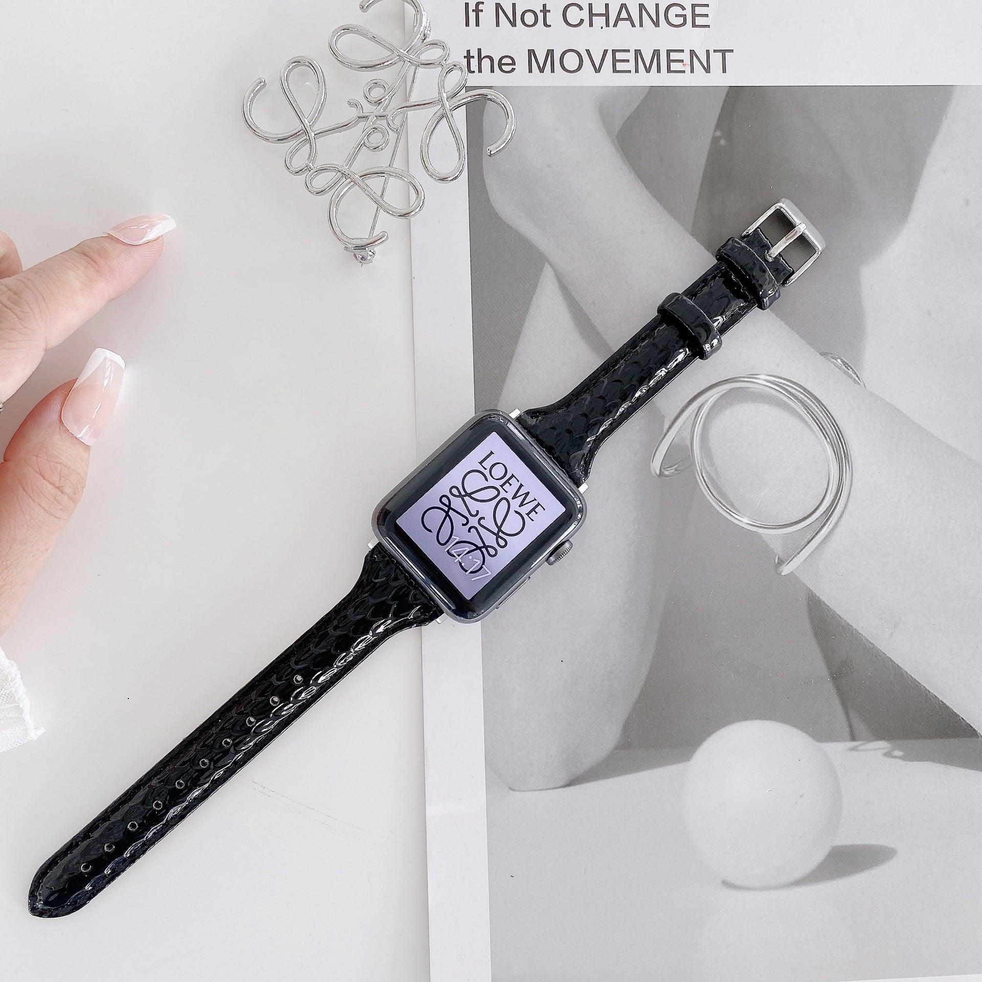 Apple watch バンド 本革  スリム 腕時計 ブラック