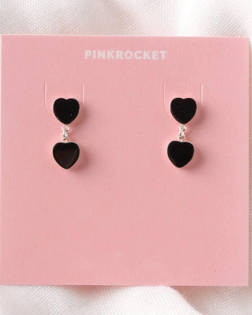 [925 Silver] ブラックダブルハートドロップ・ピアス Earrings pink-rocket 