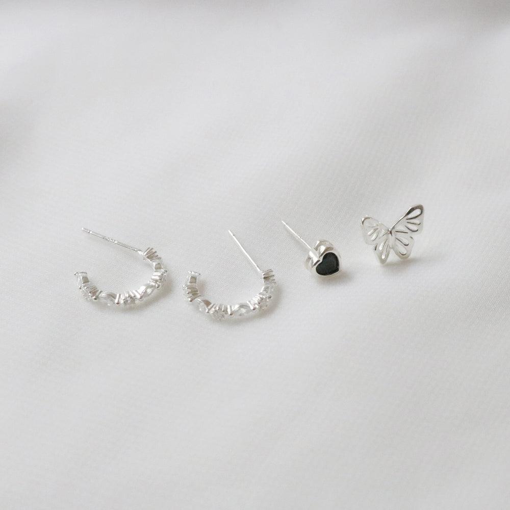 [925 Silver]ブラックハート蝶々ピアス [4個セット] Earrings bling moon 