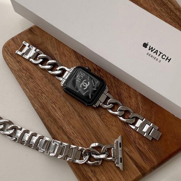 Apple Watch チェーンバンド シルバー レザーシルバー 41mm - 時計