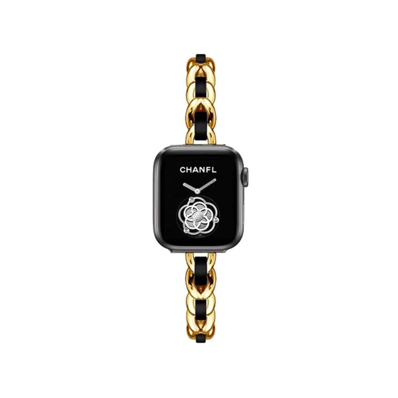 Apple Watch チェーンバンド ゴールド レザーブラック 45mm