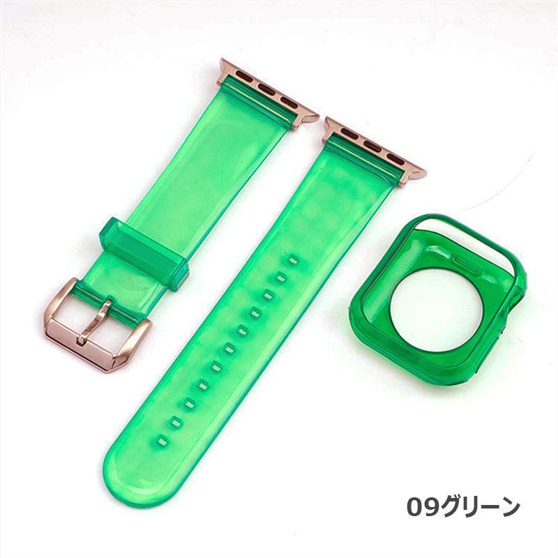 【セット_12色】 透明 ゼリー カラー ケース + バンドセット Applewatch専用 apple watch バンド givgiv 38mm/40mm/41mm用 09グリーン（バンド＋ケース） 